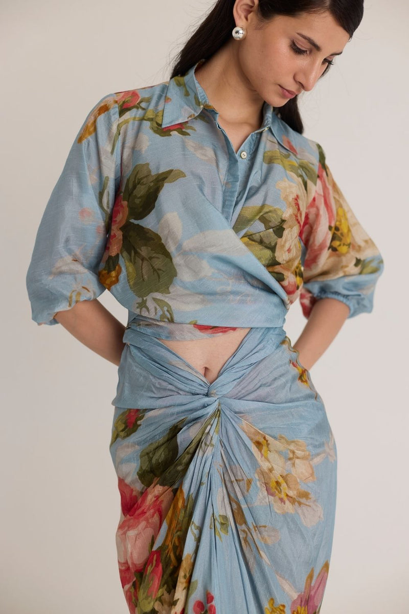 TAFFY TIE-UP TOP & SKIRT SET silk by Yam in blue color for women in Singapore