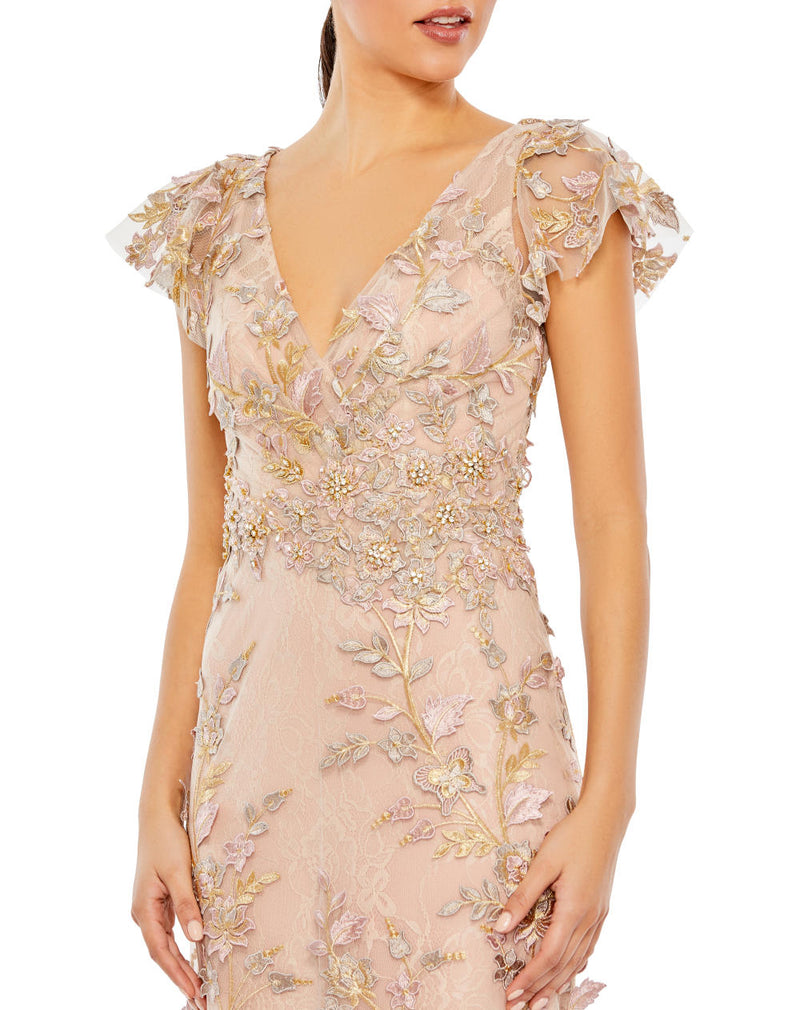 MD-68192 Embroidered Long Dress-Peach by Mac Duggal in peach color for women in Singapore