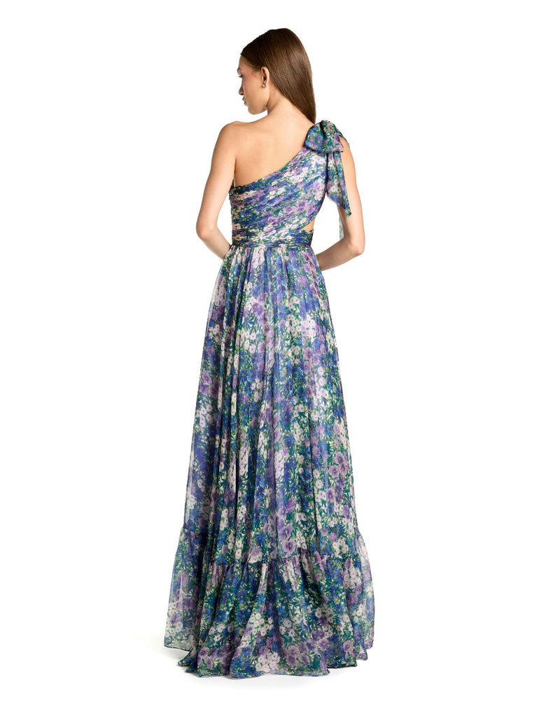 68553 - Purple One Shoulder Floral Printed Chiffon Side Cut Out Gown chiffon by Mac Duggal in purple color for women in Singapore