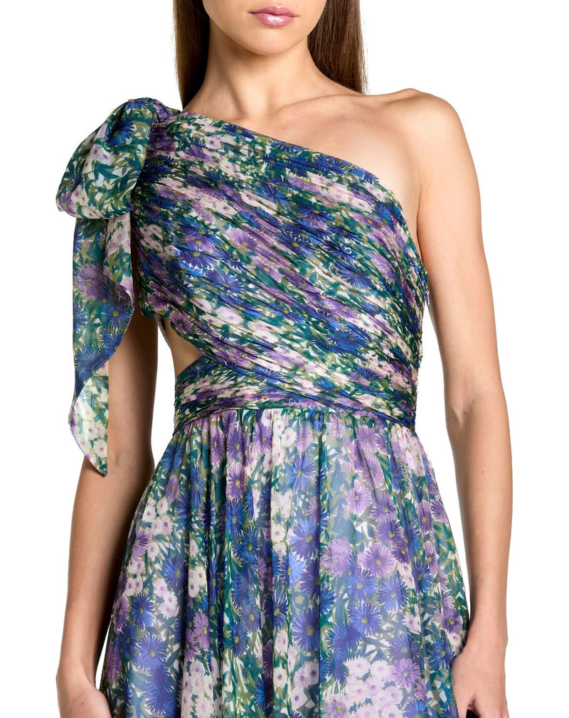 68553 - Purple One Shoulder Floral Printed Chiffon Side Cut Out Gown chiffon by Mac Duggal in purple color for women in Singapore