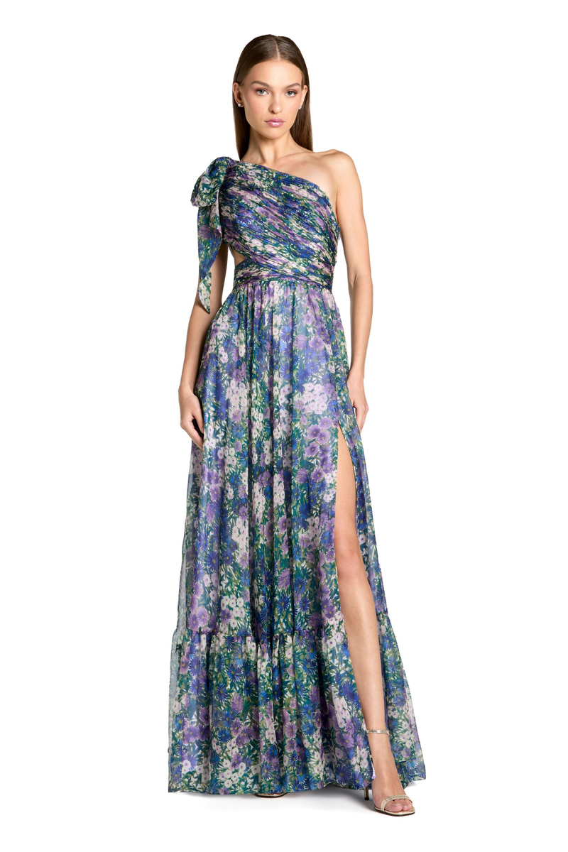 68553 - Purple One Shoulder Floral Printed Chiffon Side Cut Out Gown chiffon by Mac Duggal in purple color for women in Singapore