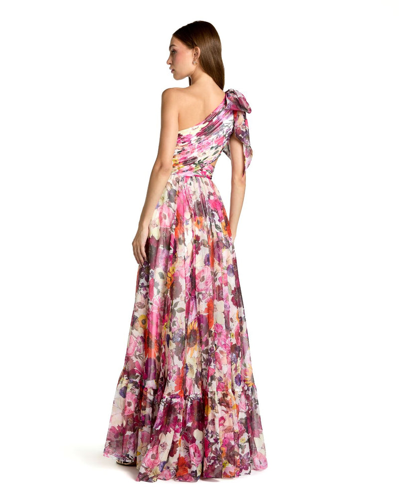68553 - White One Shoulder Floral Printed Chiffon Side Cut Out Gown chiffon by Mac Duggal in white color for women in Singapore