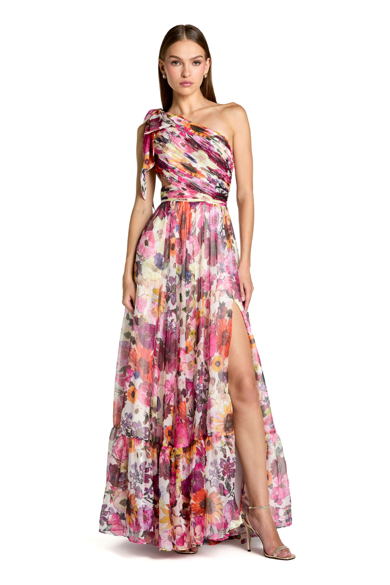 68553 - White One Shoulder Floral Printed Chiffon Side Cut Out Gown chiffon by Mac Duggal in white color for women in Singapore