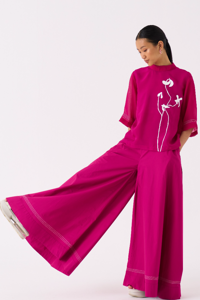 WIDE LEG BROAD BOTTOM-FUSCHIA poplin by THREE for women in Singapore