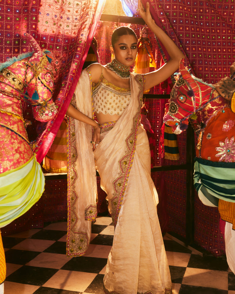 Khel Ivory Tissue Saree silk by Rajiramniq in ivory color for women in Singapore
