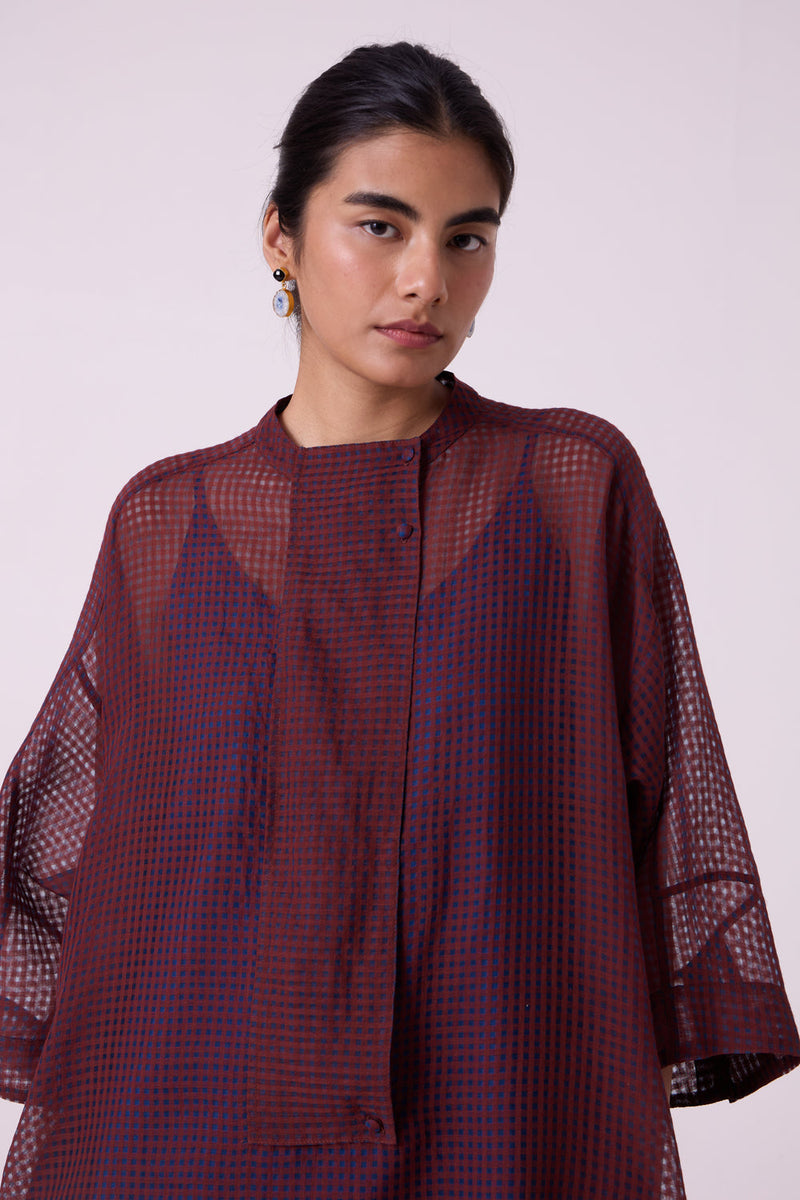 Fosco Blue Checkered HandwovenTunic handwoven silk cotton tunics/kaftan by The Summer House in blue for women in Singapore
