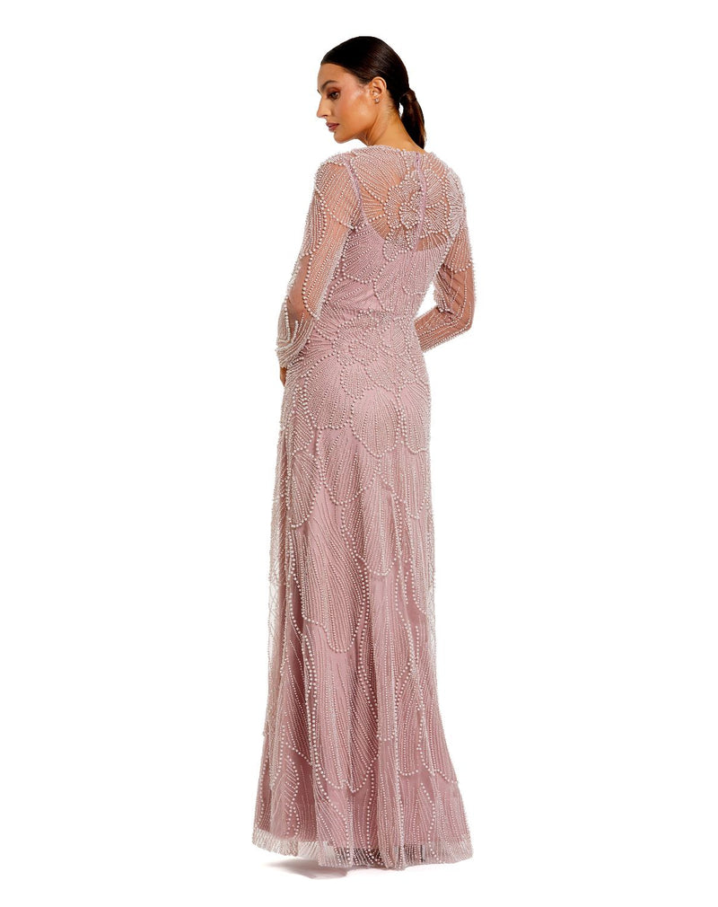 69012 - Pink Beaded High Neck Long Sleeve A Line Gown by Mac Duggal in pink color for women in Singapore