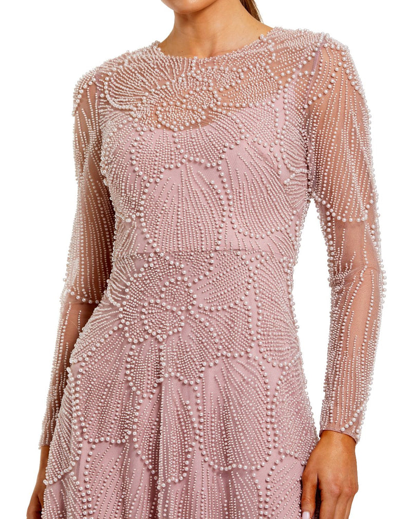 69012 - Pink Beaded High Neck Long Sleeve A Line Gown by Mac Duggal in pink color for women in Singapore