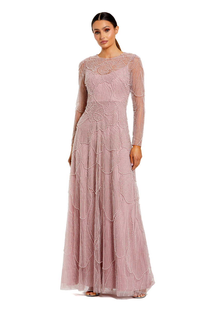 69012 - Pink Beaded High Neck Long Sleeve A Line Gown by Mac Duggal in pink color for women in Singapore