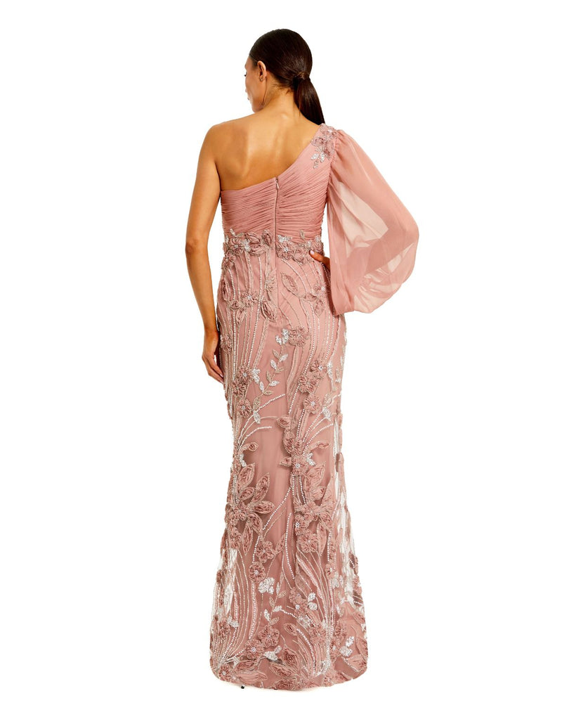 69019 - Pink One Sleeve Chiffon Embellished Gown polyester evening gowns by Mac Duggal in pink for women in Singapore