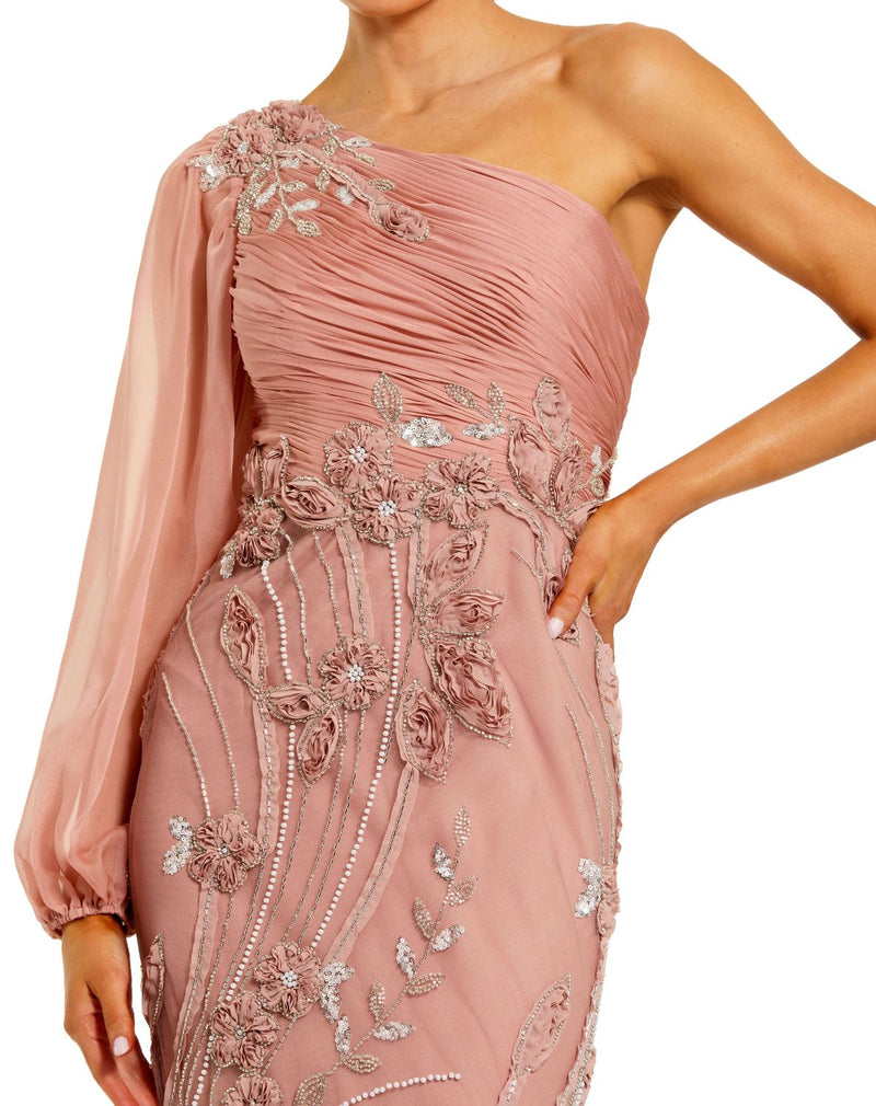 69019 - Pink One Sleeve Chiffon Embellished Gown polyester evening gowns by Mac Duggal in pink for women in Singapore