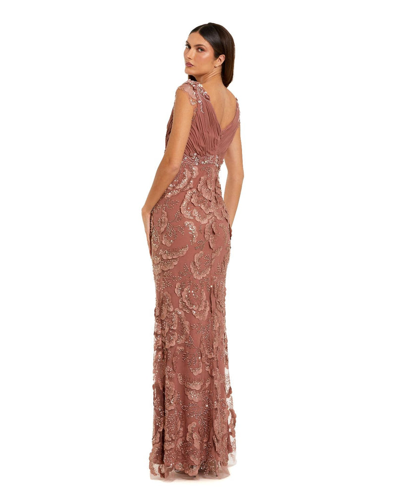 69022 - Pink Floral Beaded Chiffon V-Neck Evening Gown by Mac Duggal in pink color for women in Singapore