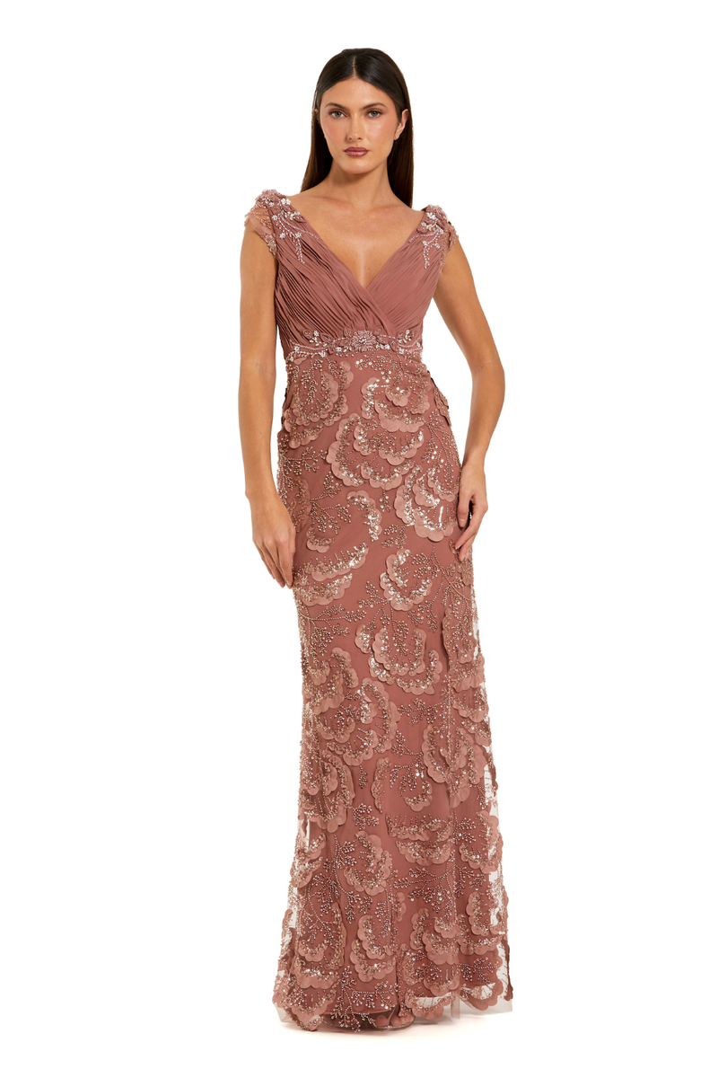 69022 - Pink Floral Beaded Chiffon V-Neck Evening Gown by Mac Duggal in pink color for women in Singapore