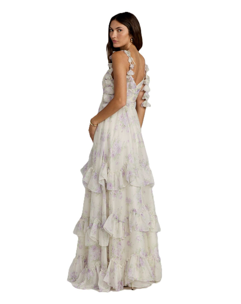 69061 - White Ruffle Tiered Chiffon Floral Gown by Mac Duggal in white color for women in Singapore