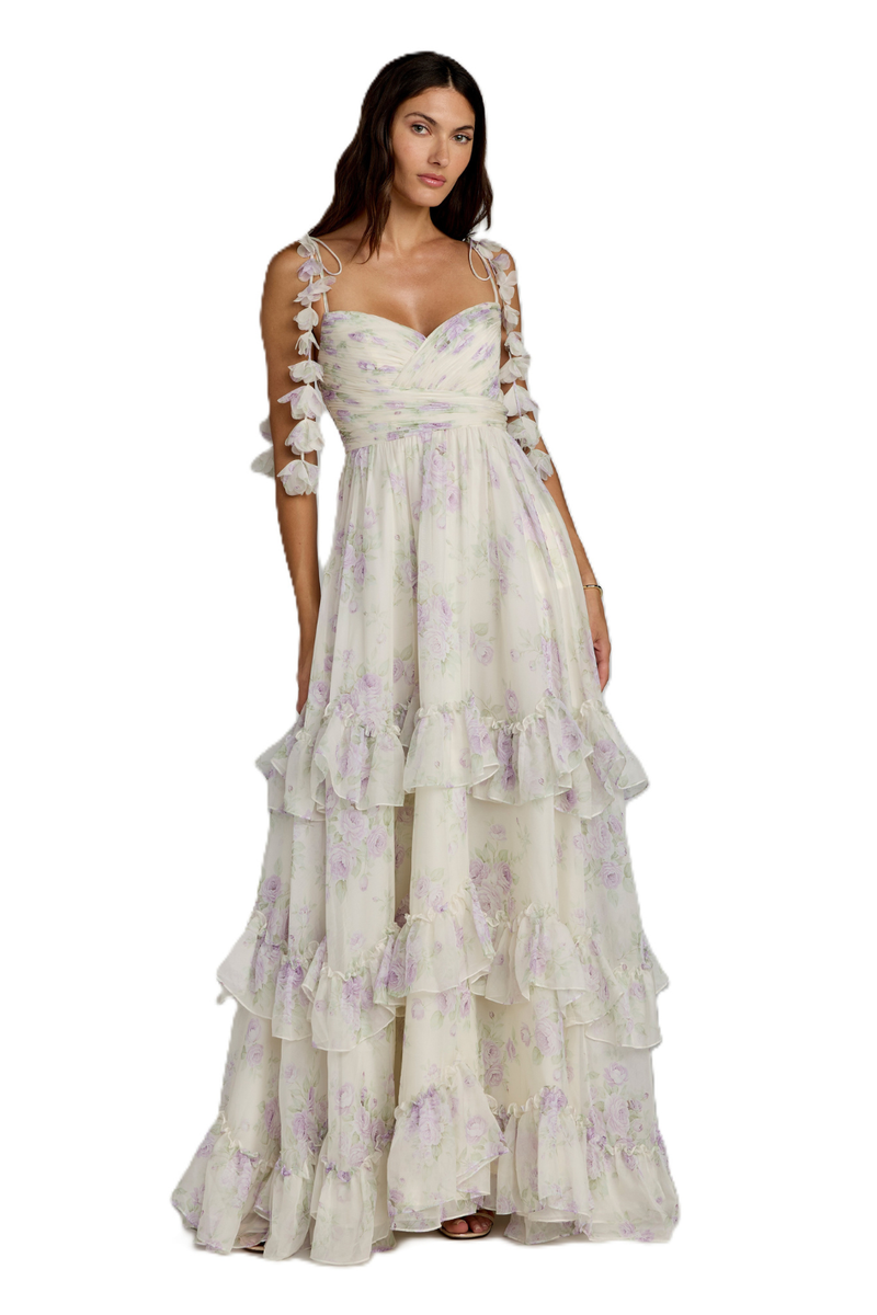 69061 - White Ruffle Tiered Chiffon Floral Gown by Mac Duggal in white color for women in Singapore