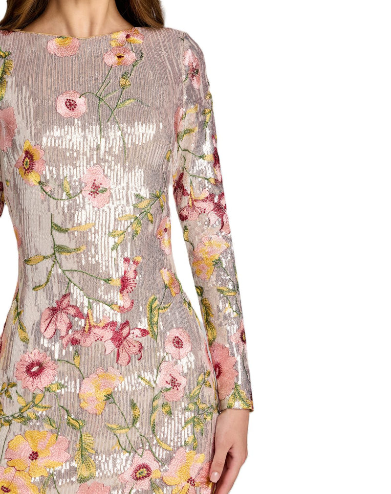 69075 - Silver Sequined Mixed Media Floral Embellished Mini Dress by Mac Duggal in silver color for women in Singapore
