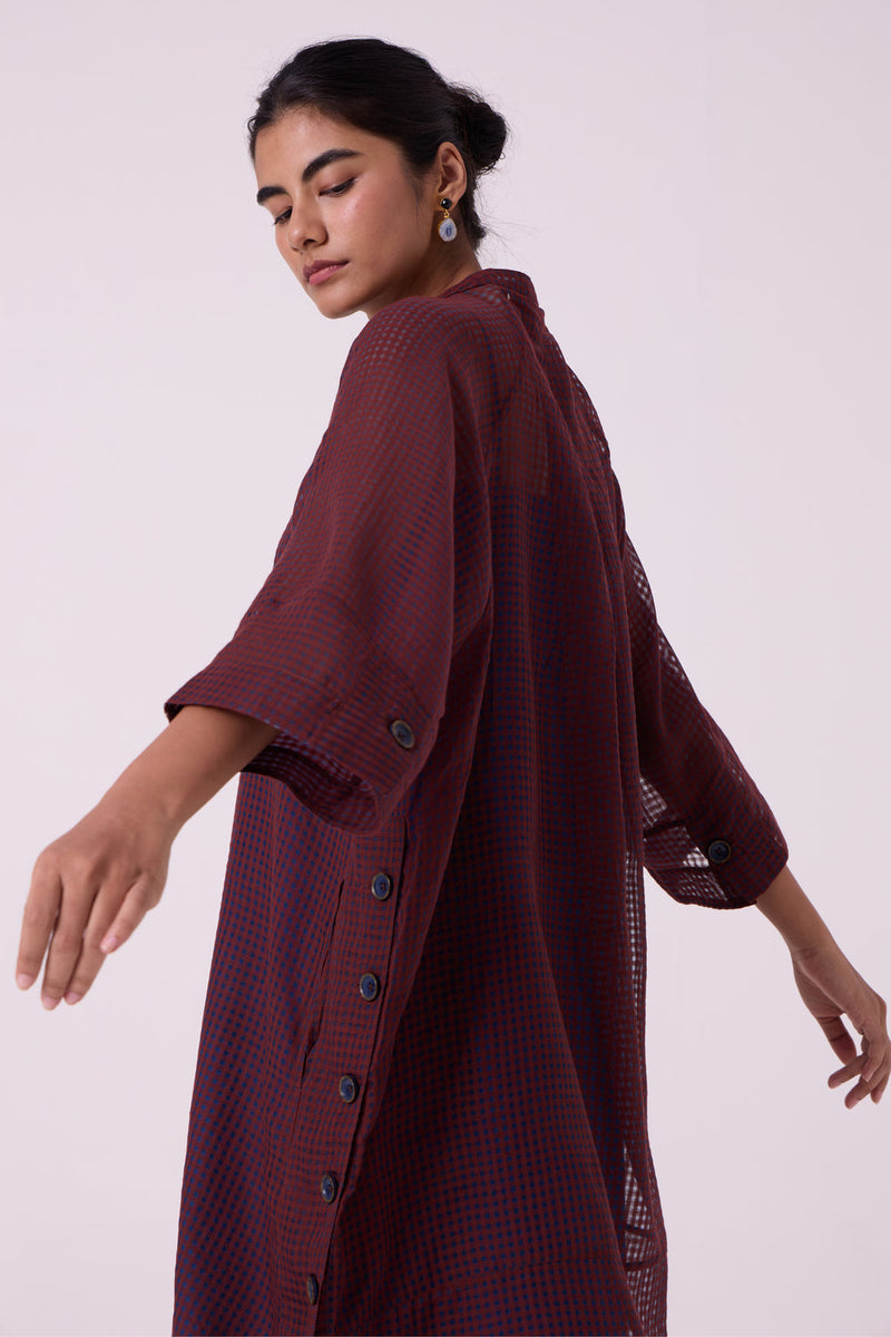 Fosco Blue Checkered HandwovenTunic handwoven silk cotton tunics/kaftan by The Summer House in blue for women in Singapore