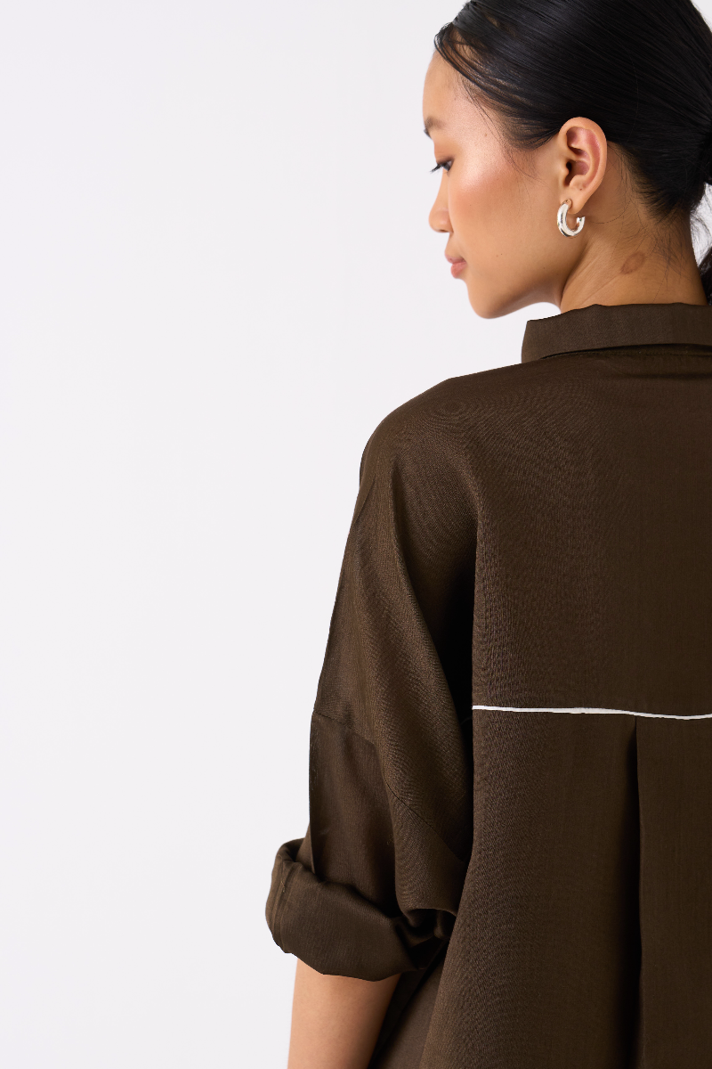 PATCH POCKET SHIRT CO-ORD
(SET OF 2)-DARK OLIVE poplin by THREE in olive color for women in Singapore