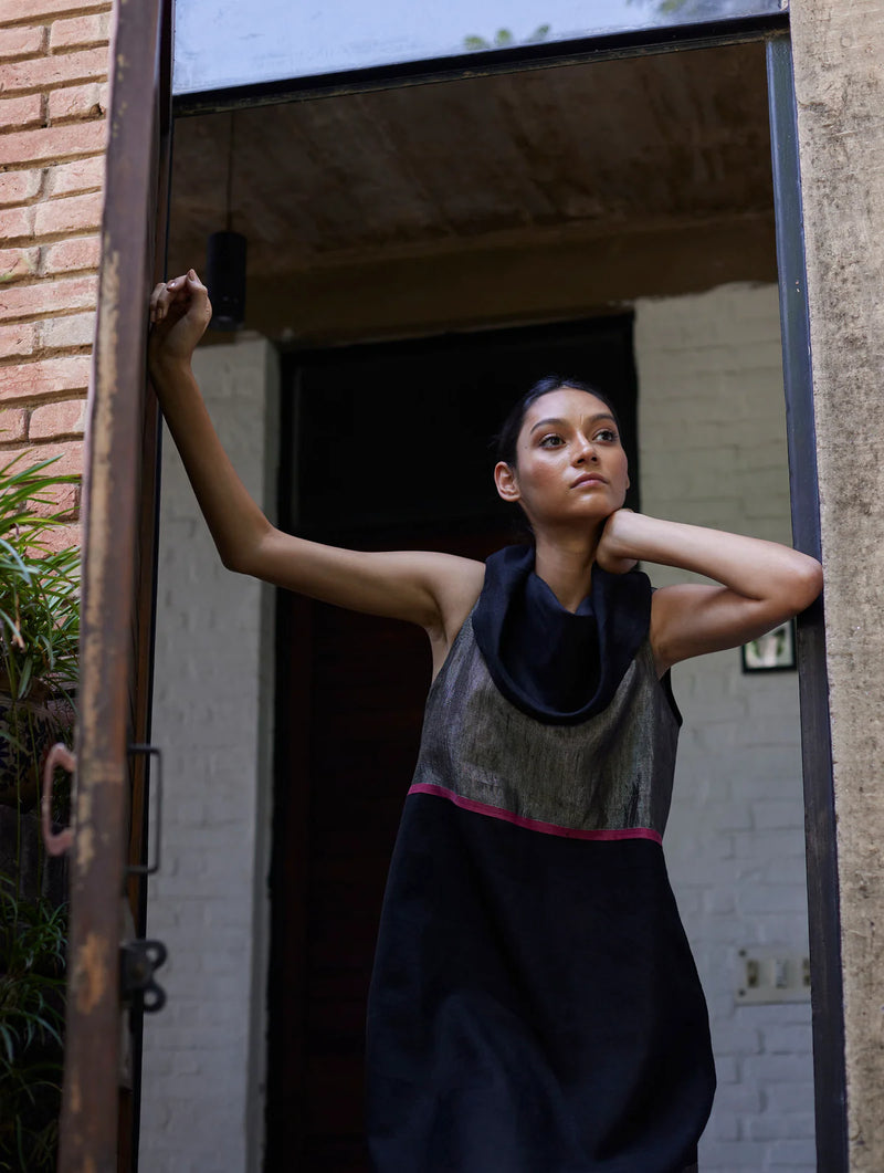 Shira Cowl Neck Dress - Black linen by Manan in black color for women in Singapore