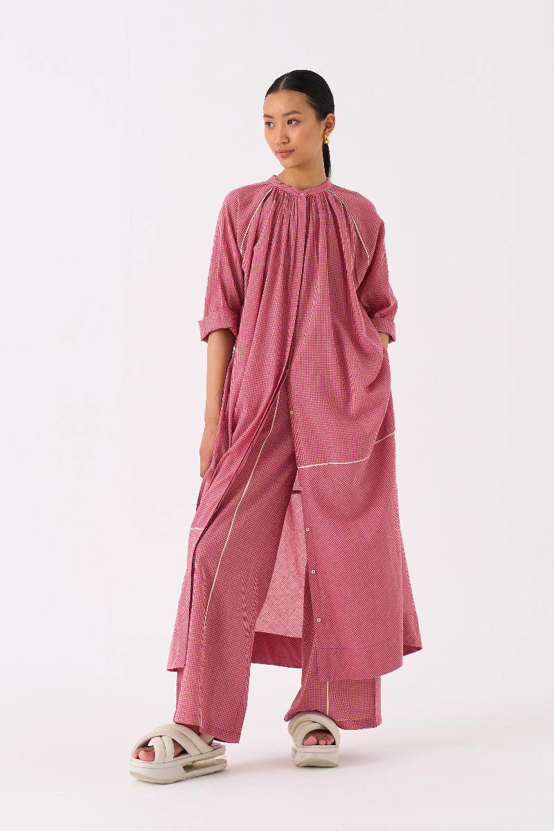 GATHER NECK SHIRT-PINK CHECK mul by THREE in pink color for women in Singapore