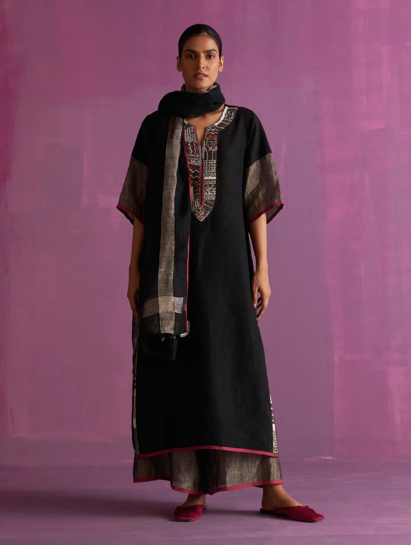 Mato Hand-Embroidered Kurta Set - Black linen by Manan in black color for women in Singapore