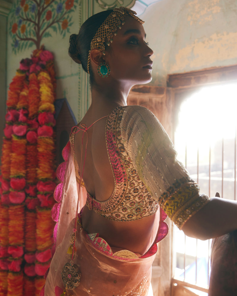 Khel Nude Pink Pearl Sprinkle Tissue Saree organza by Rajiramniq in pink color for women in Singapore
