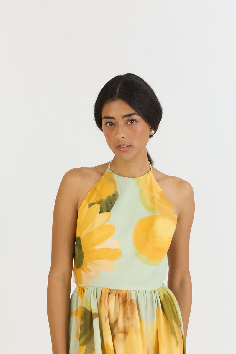 LEMONADE HALTER NECK DRESS satin by Yam in yellow color for women in Singapore