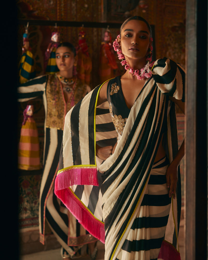 Khel Black And White Stripe Saree With Waistcoat Blouse by Rajiramniq in black color for women in Singapore