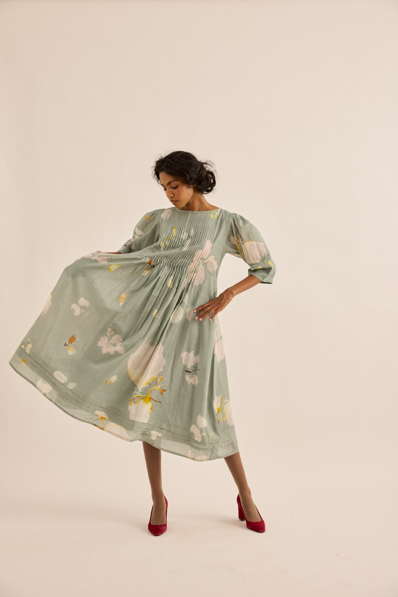 Cornflower Dress mul dress by Khara Kapas in sage green for women in Singapore