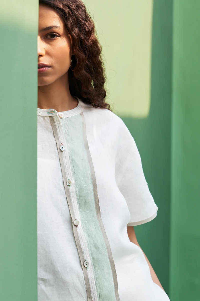 Kol Border Linen Crop Shirt - Ivory linen by Manan in ivory color for women in Singapore