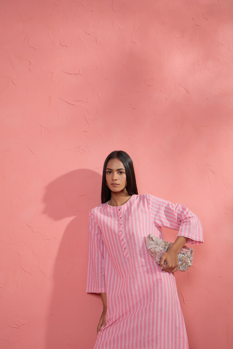 Gul Rose Stripe Set cotton cambric light kurta set by AAVIDI in pink for women in Singapore