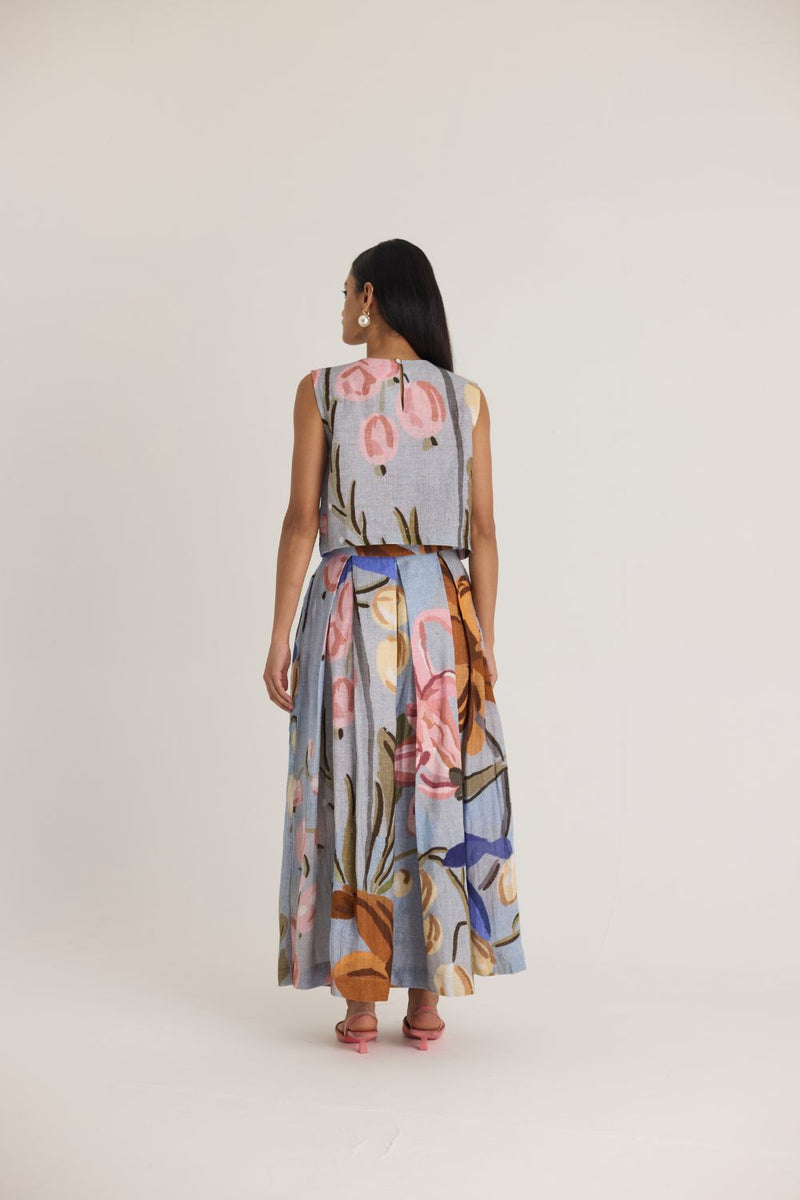 NICO LINEN TOP & SKIRT SET linen by Yam in blue color for women in Singapore