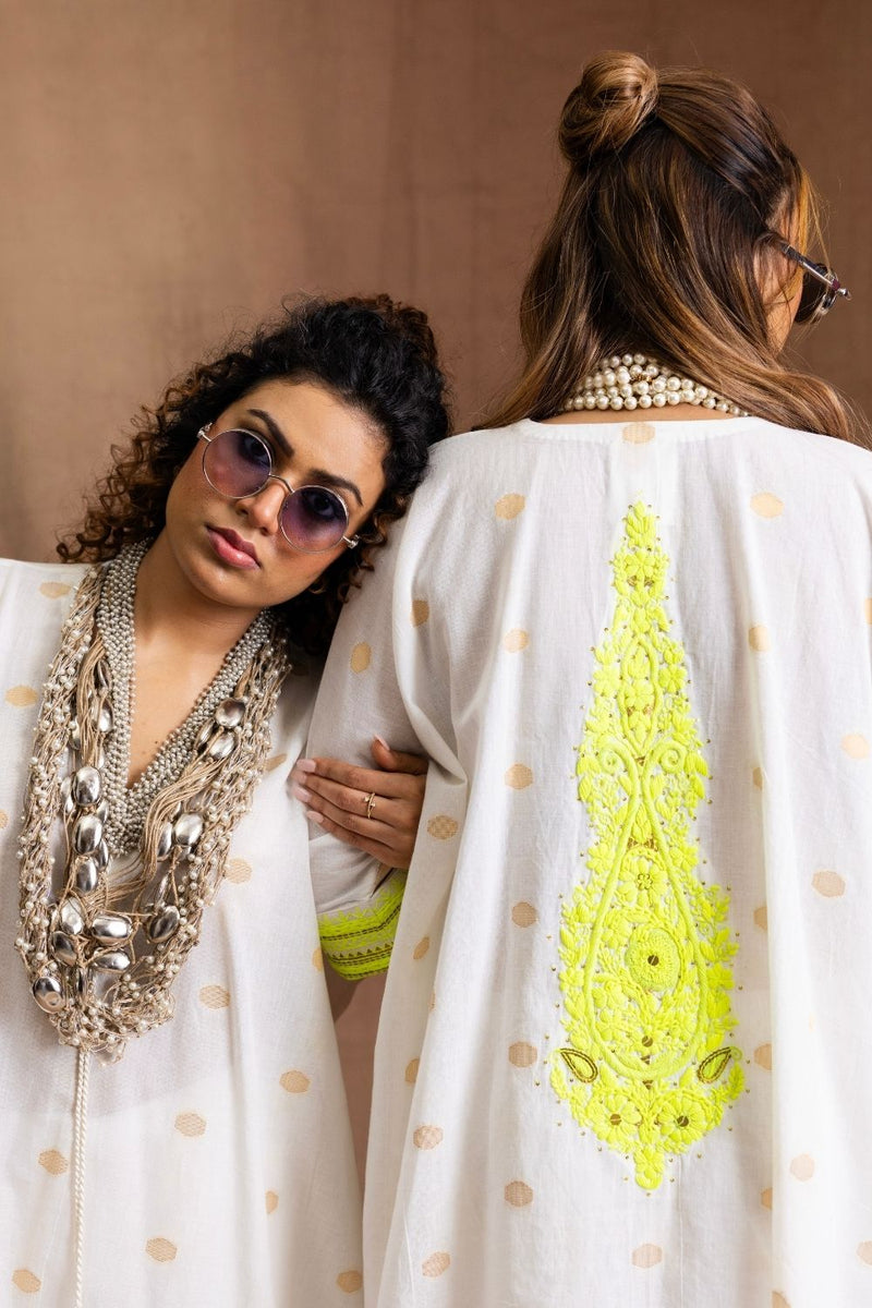 Summer Neon Kurta Set-Back Embroidery (neon lime green) Pure Cotton Kurta Set Sabo by Sabina — Canvas & Weaves Singapore