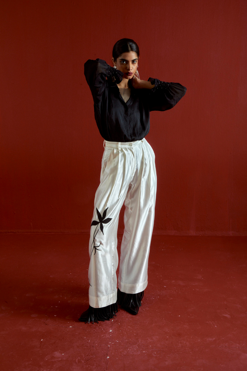 SMOCKING DETAIL SHIRT CO-ORD-BLACK organza by THREE in black color for women in Singapore