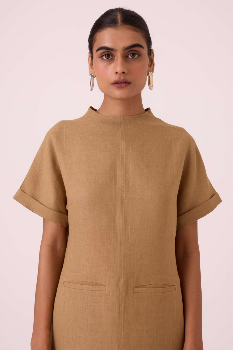 Salome Tan Linen Dress linen by The Summer House in olive color for women in Singapore