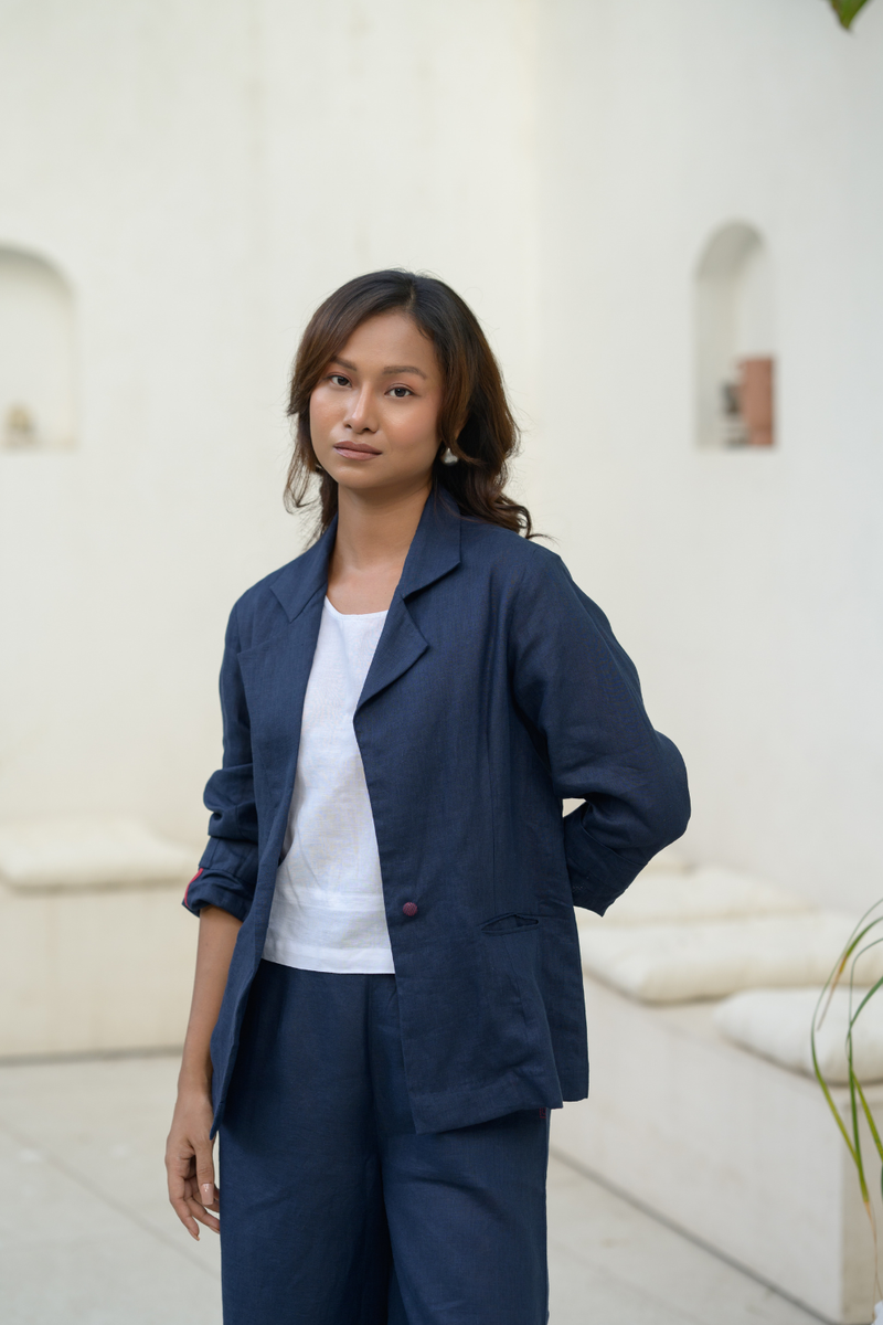 Midnight Line Suit linen co-ord set by Zanzibar Living in midnight blue for women in Singapore