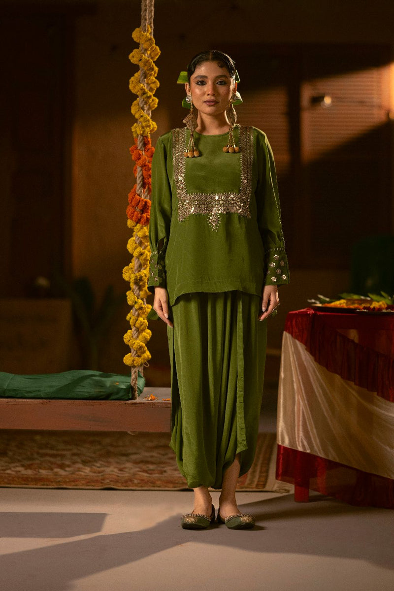 Sunira Green Tunic Top & Dhoti Skirt Set- Mehendi