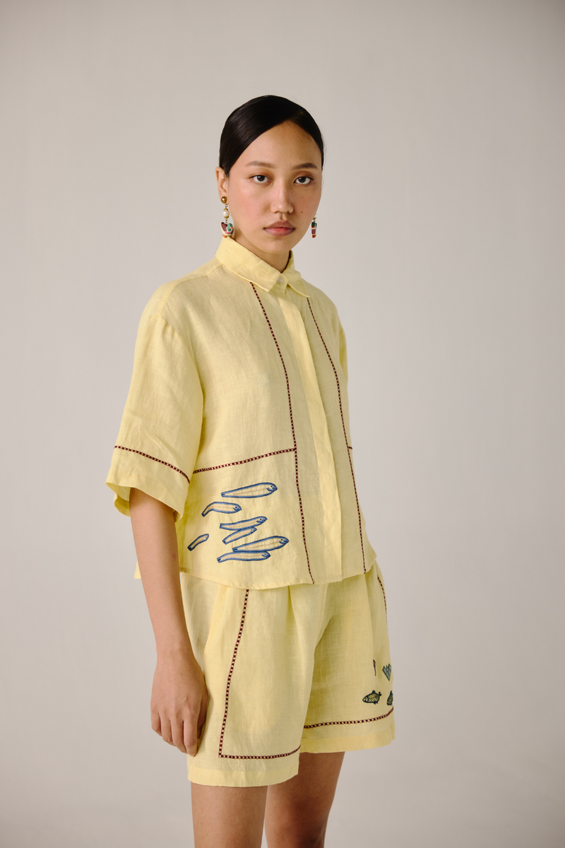 Leo Set - Butter Yellow Fish Embroidery linen by CORD in yellow for women in Singapore