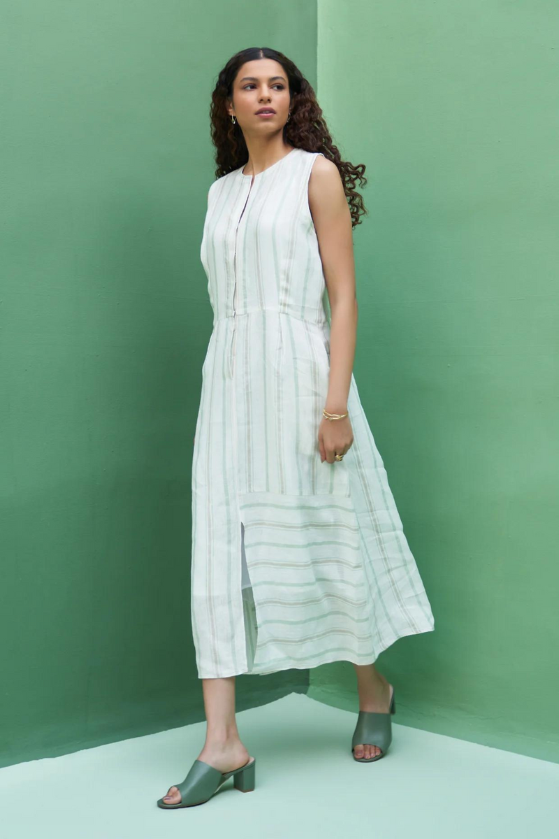 Una Striped Linen Sleeveless Dress
- Mint linen by Manan in mint color for women in Singapore