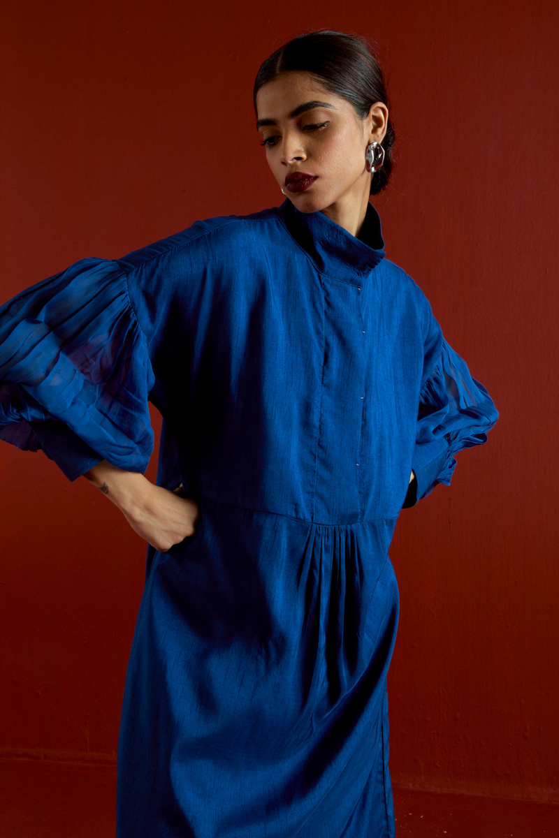 TURTLE NECK TUNIC CO-ORD-ELECTRIC BLUE silk by THREE in blue color for women in Singapore