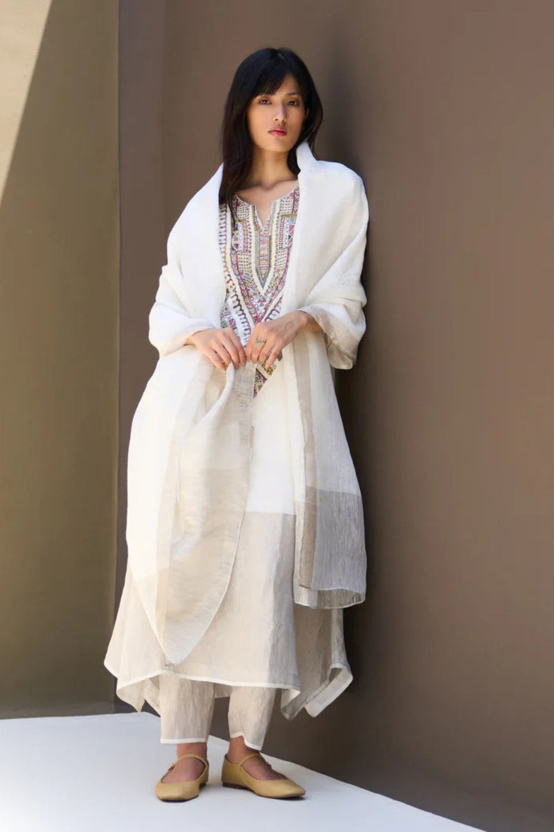 Afra Hand-Embroidered Kurta - Ivory linen by Manan in white color for women in Singapore