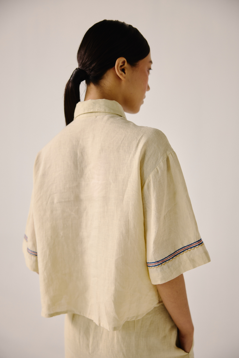 Leo Set - Ivory Cross Stitch Emb. linen by CORD in ivory for women in Singapore