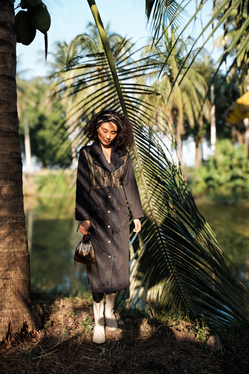 Upcycled Copenhagen Trench - Black Green cotton by The Terra Tribe in green color for women in Singapore
