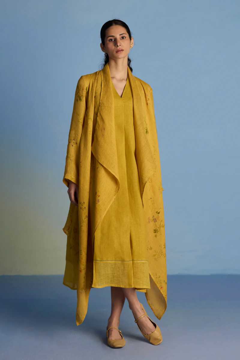 Ita Pleated Linen Dress and Overlay - Ochre linen by Manan for women in Singapore