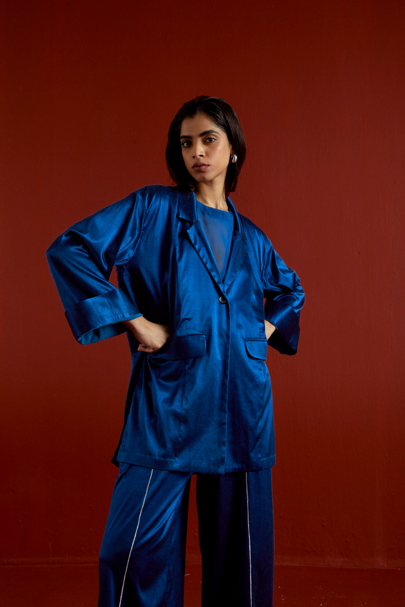 WIDE SLEEVE JACKET CO-ORD-ELECTRIC BLUE satin by THREE in blue color for women in Singapore