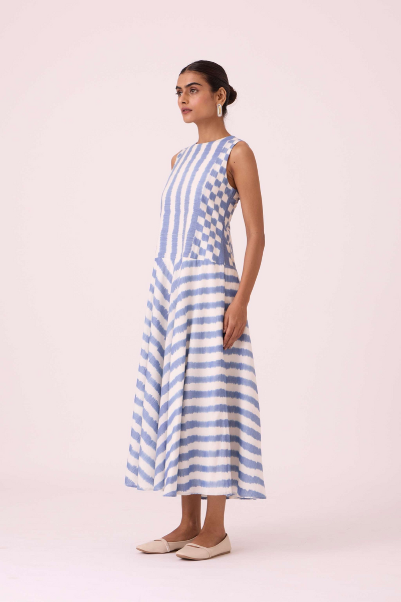 Myshkin Blue Striped Ikat Dress cotton by The Summer House in blue color for women in Singapore