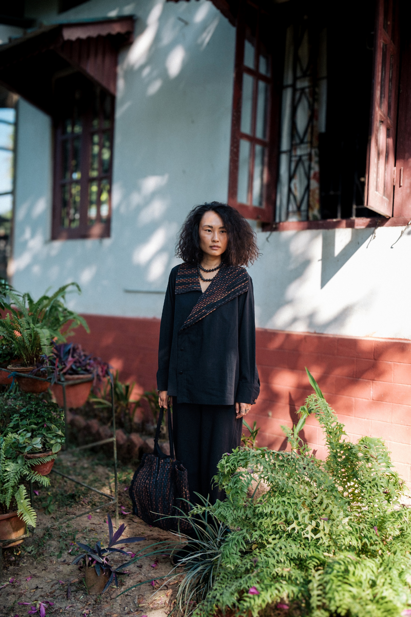 Upcycled Handwoven Arrow collar shirt - Black Copper cotton by The Terra Tribe in black color for women in Singapore