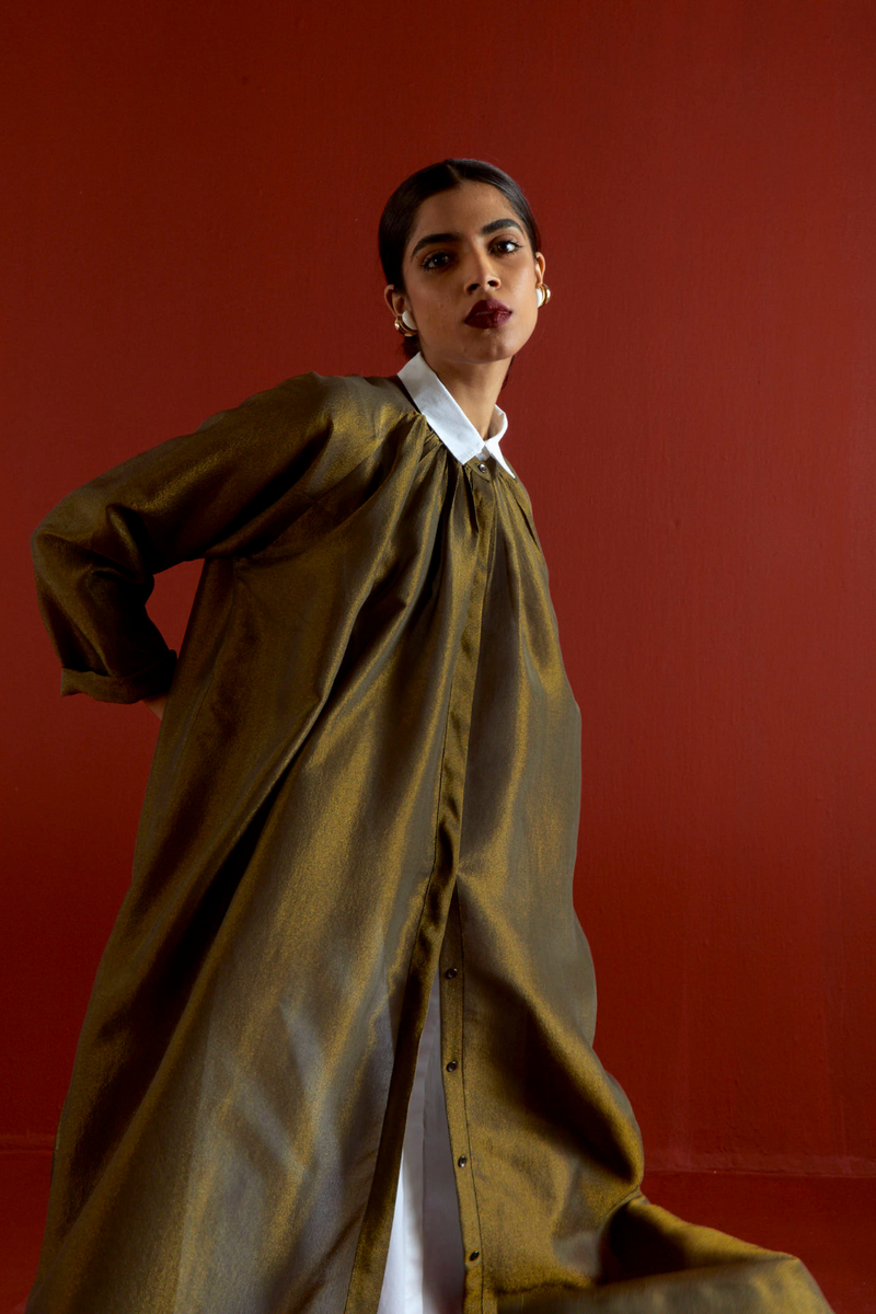 GATHER NECK SHIRT CO-ORD-OLIVE GOLD tissue by THREE in gold color for women in Singapore