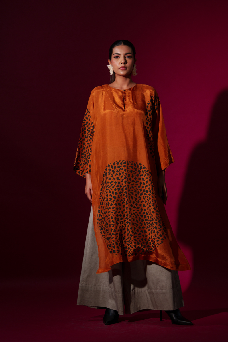 Beau Tunic-Rust orange + Black upada silk kaftans and tunics by Stoique in rust orange, black for women in Singapore