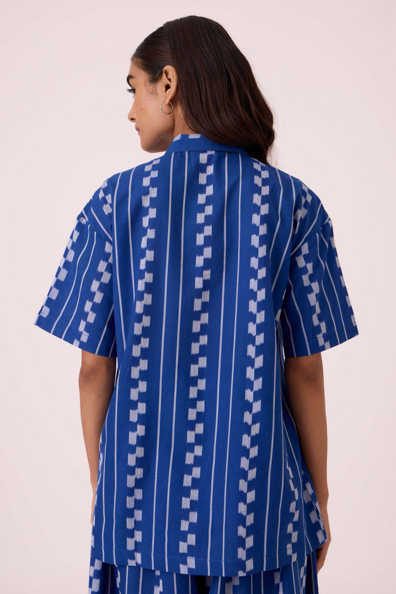 Alyosha Blue Striped Ikat Shirt cotton by The Summer House in blue color for women in Singapore